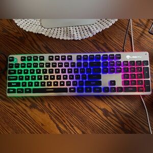 LANGTU Keyboard Gaming Office Rainbow Backlit USB Wired Black Keys Silver Frame